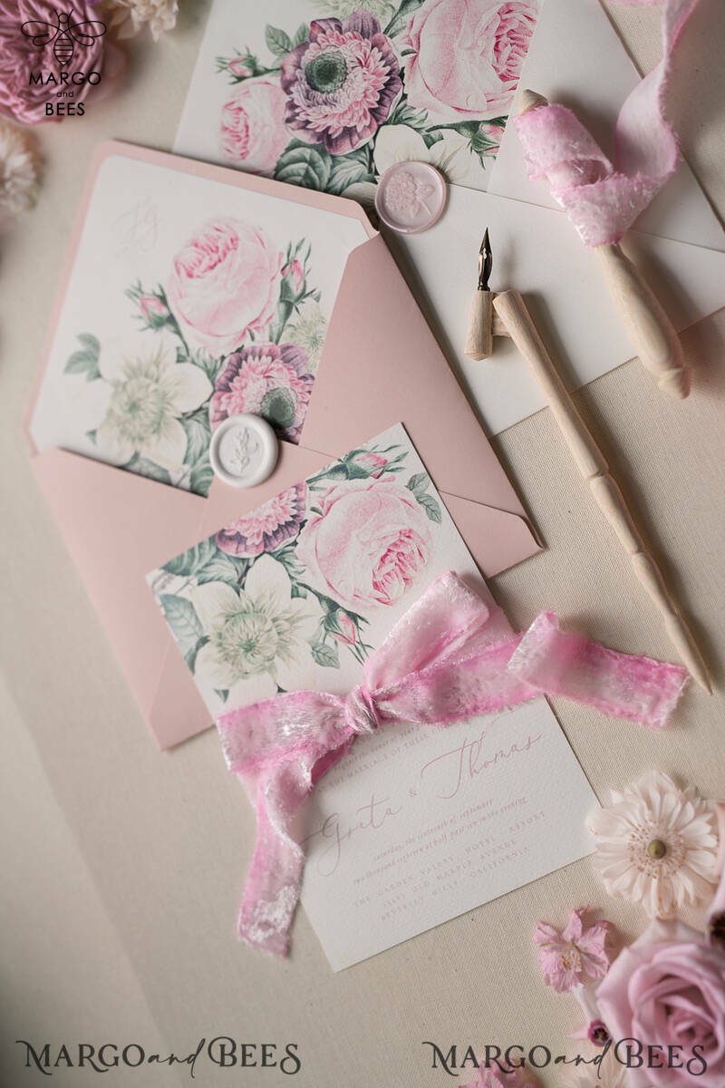 Vintage Flowers Personalized Wedding Invitations Romantic Stationery with Garden Roses and  Handmade  Velvet Silk Bow Blush Pink Envelope with monogram Liner-7