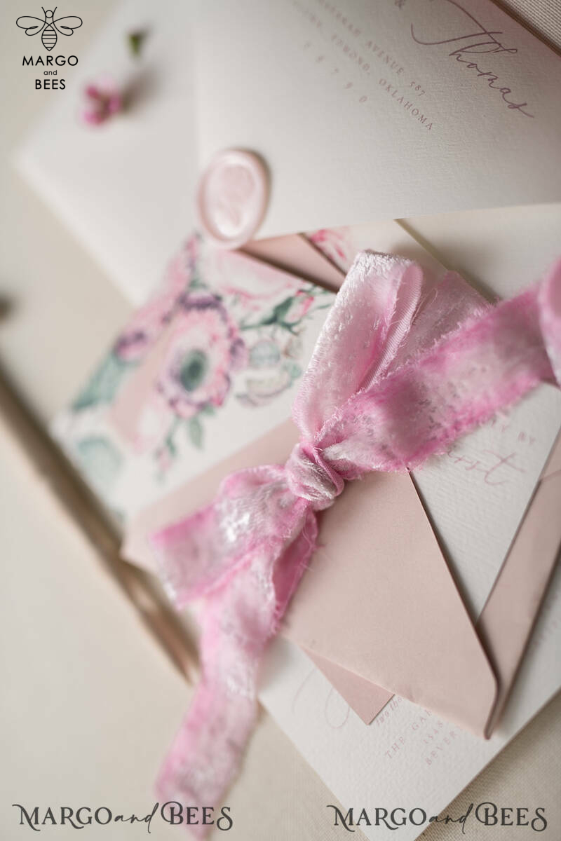Floral Vintage Wedding Invitations, Elegant And Minimalistic White Wedding Invitation Suite, Delicate Pink Wedding Cards, Handmade Wedding Stationery-5