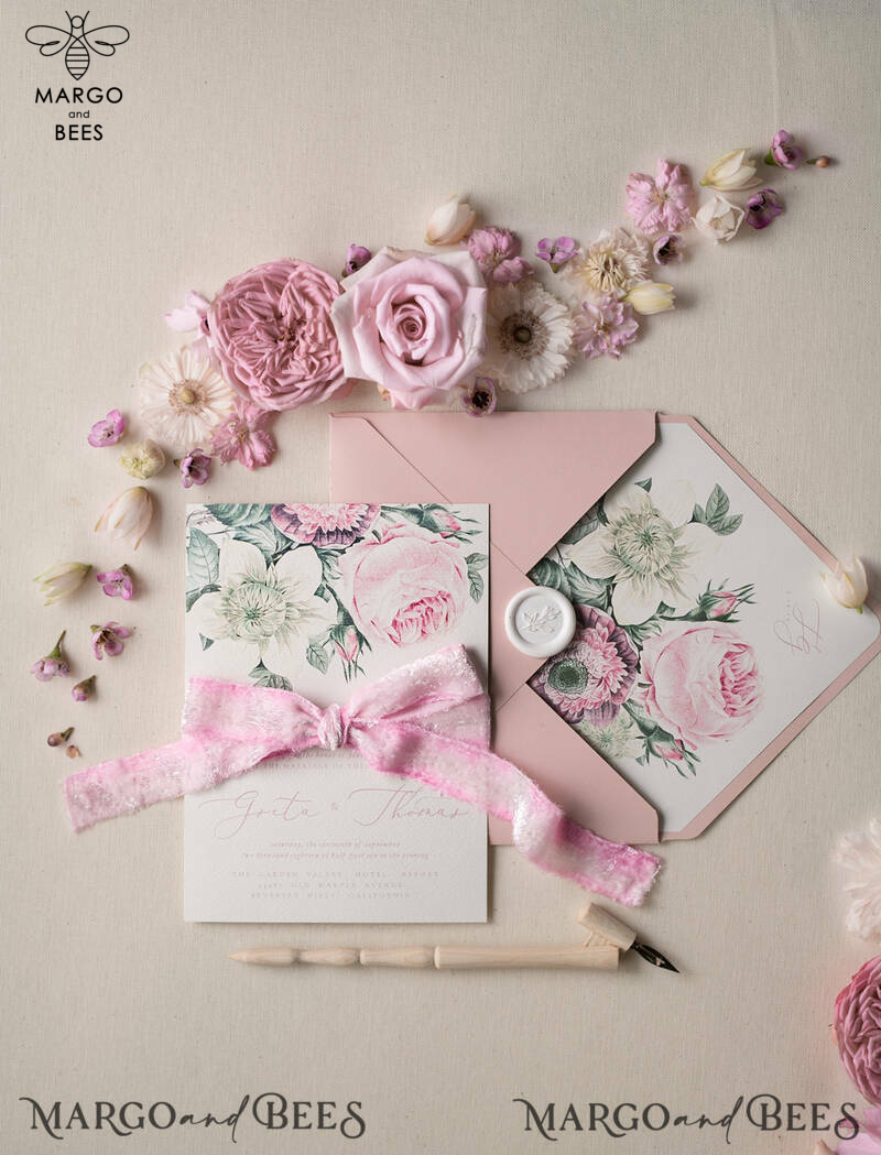 Floral Vintage Wedding Invitations, Elegant And Minimalistic White Wedding Invitation Suite, Delicate Pink Wedding Cards, Handmade Wedding Stationery-4