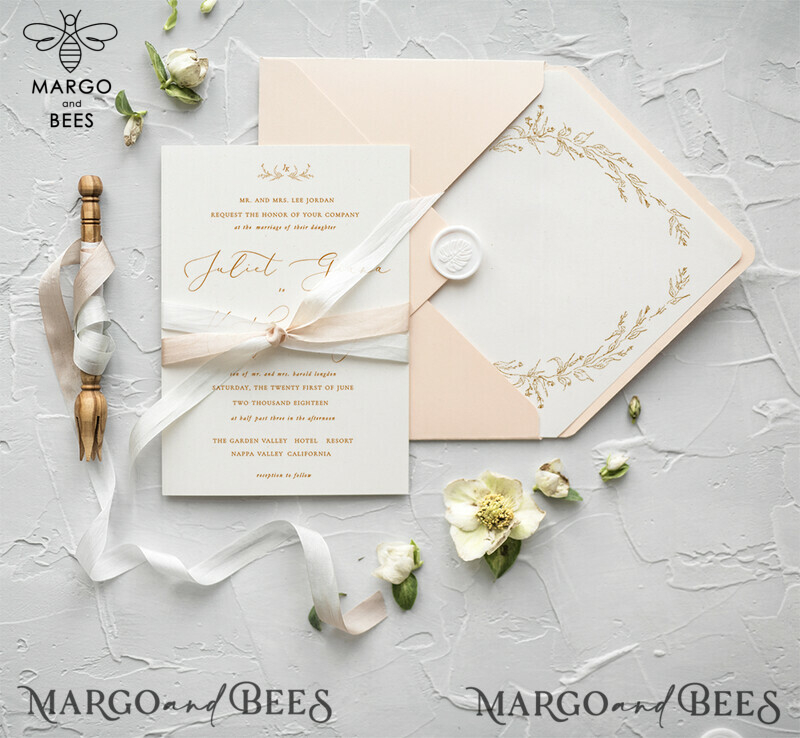 Beautiful and Minimalistic Peach Wedding Invitations: Elegant Nude Wedding Invites with Romantic Floral Accents in a Modern Invitation Suite-1