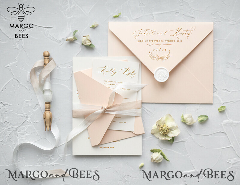 Beautiful and Minimalistic Peach Wedding Invitations: Elegant Nude Wedding Invites with Romantic Floral Accents in a Modern Invitation Suite-5