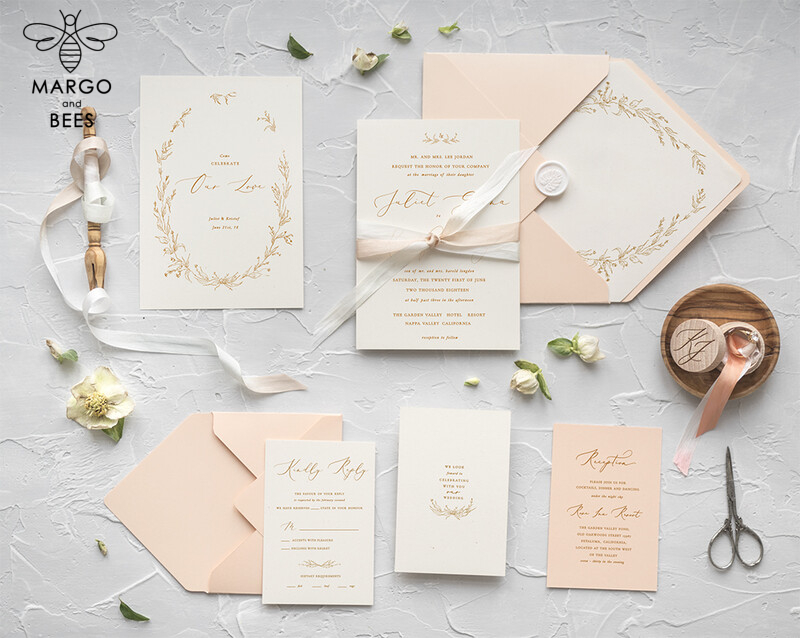 Beautiful and Minimalistic Peach Wedding Invitations: Elegant Nude Wedding Invites with Romantic Floral Accents in a Modern Invitation Suite-0