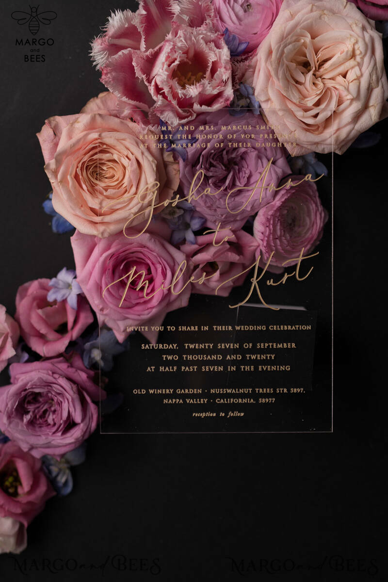 Vintage Floral Wedding Invitation Suite, Luxury Acrylic Plexi Wedding Invitations, Romantic Pink Wedding Cards, Glamour Golden Wedding Stationery-1