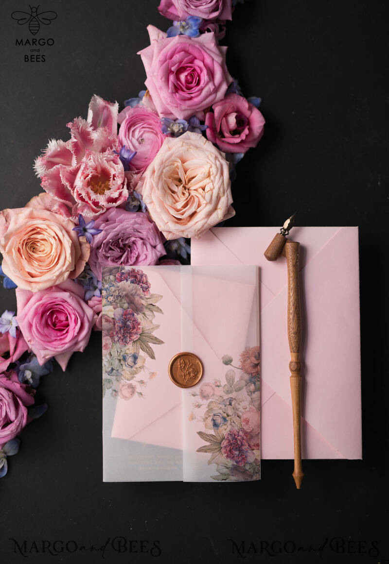 Vintage Floral Wedding Invitation Suite, Luxury Acrylic Plexi Wedding Invitations, Romantic Pink Wedding Cards, Glamour Golden Wedding Stationery-10