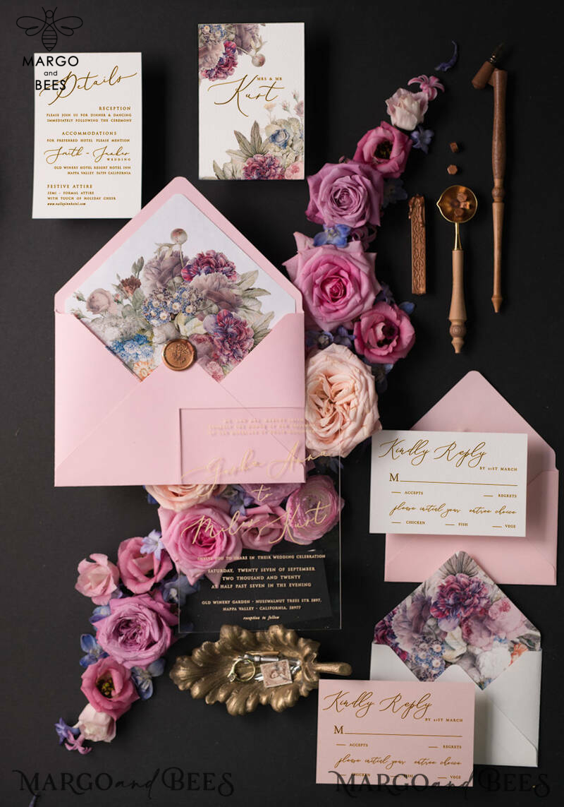 Vintage Floral Wedding Invitation Suite, Luxury Acrylic Plexi Wedding Invitations, Romantic Pink Wedding Cards, Glamour Golden Wedding Stationery-12
