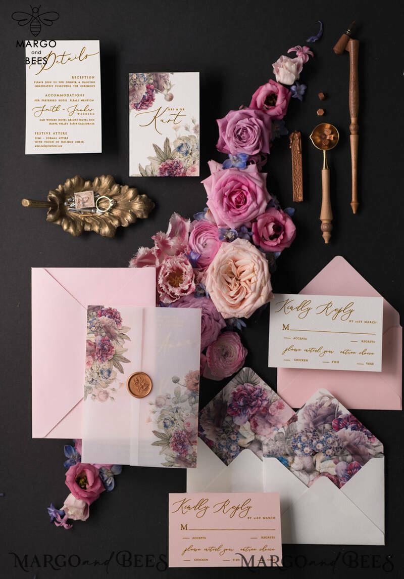 Vintage Floral Wedding Invitation Suite, Luxury Acrylic Plexi Wedding Invitations, Romantic Pink Wedding Cards, Glamour Golden Wedding Stationery-13