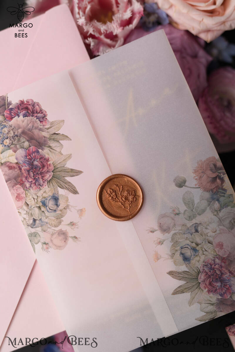 Luxory Personalized Wedding Invitations Transparent Stationery with Vellum Wrappaper Vintage Flowers WaxSeal and Blush Pink Envelope with monogram Liner-14