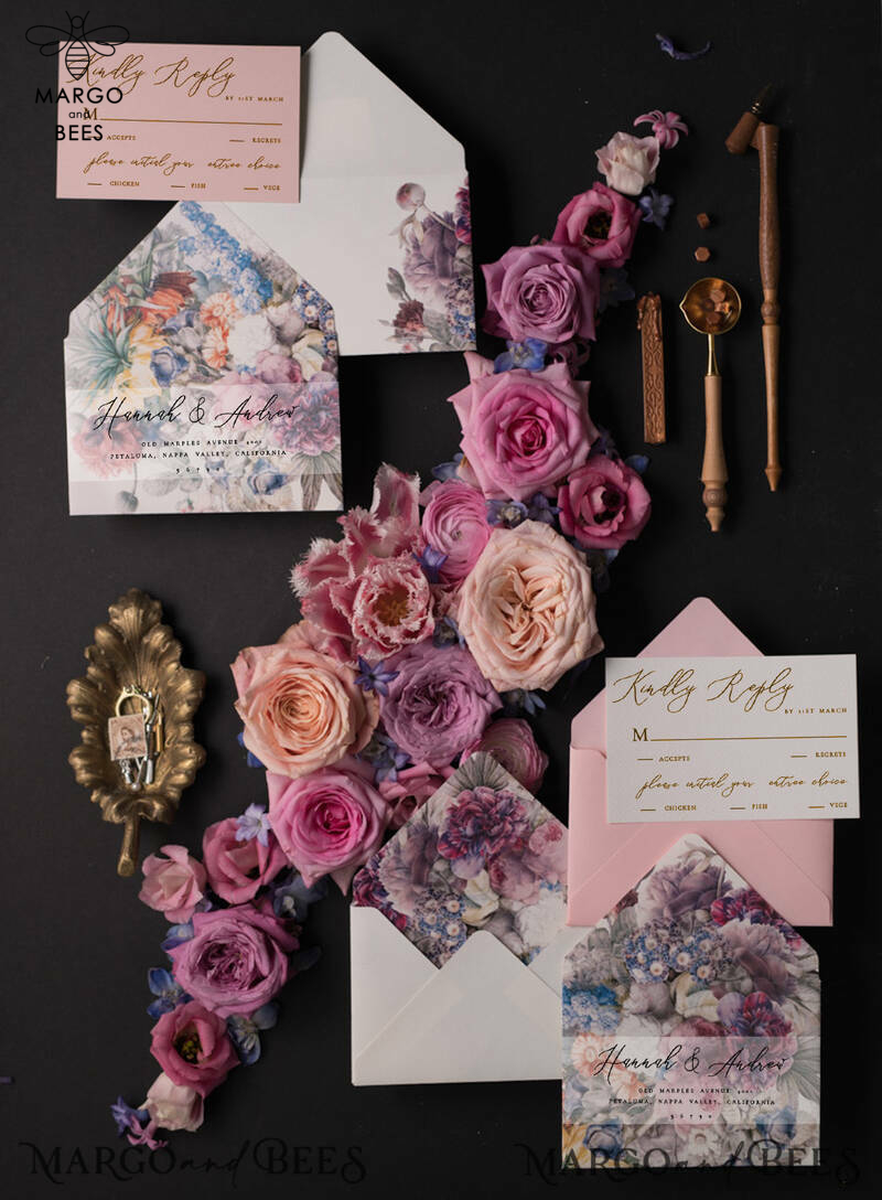 Vintage Floral Wedding Invitation Suite, Luxury Acrylic Plexi Wedding Invitations, Romantic Pink Wedding Cards, Glamour Golden Wedding Stationery-16
