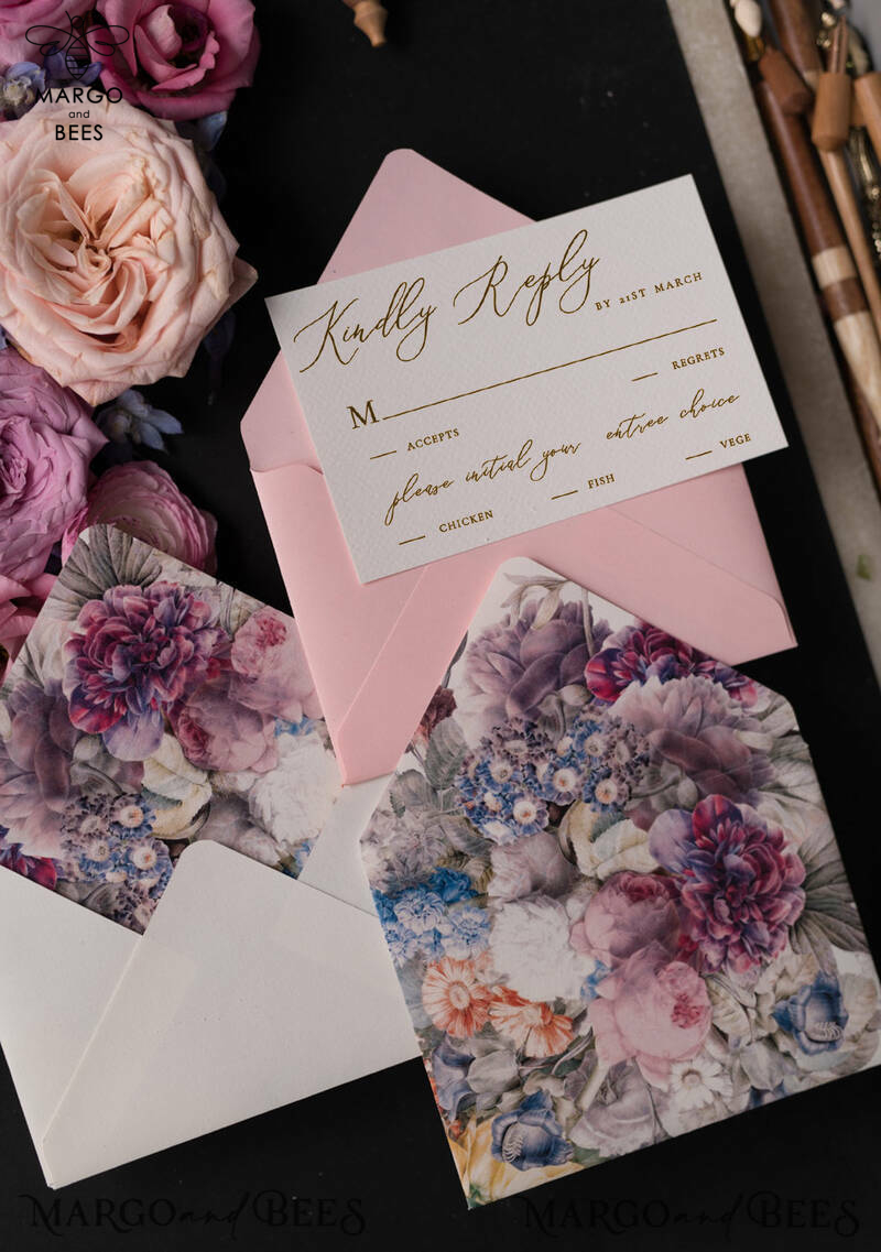 Vintage Floral Wedding Invitation Suite, Luxury Acrylic Plexi Wedding Invitations, Romantic Pink Wedding Cards, Glamour Golden Wedding Stationery-17