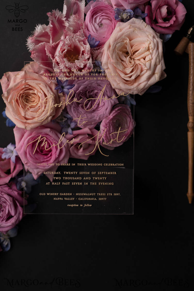 Vintage Floral Wedding Invitation Suite, Luxury Acrylic Plexi Wedding Invitations, Romantic Pink Wedding Cards, Glamour Golden Wedding Stationery-2