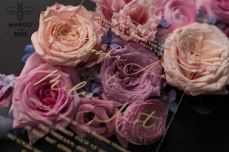 Vintage Floral Wedding Invitation Suite, Luxury Acrylic Plexi Wedding Invitations, Romantic Pink Wedding Cards, Glamour Golden Wedding Stationery-3