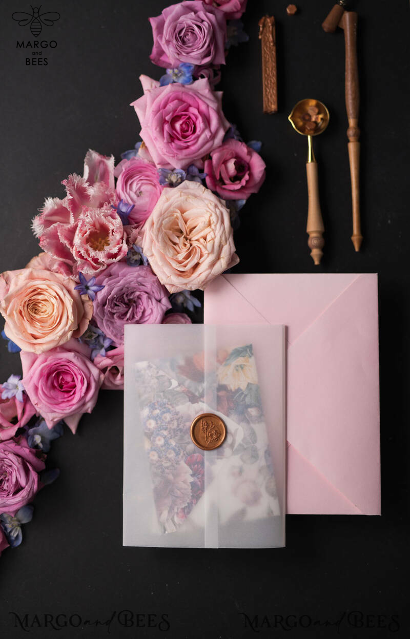Vintage Floral Wedding Invitation Suite, Luxury Acrylic Plexi Wedding Invitations, Romantic Pink Wedding Cards, Glamour Golden Wedding Stationery-4