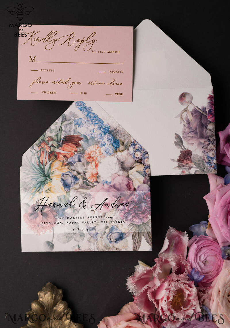Vintage Floral Wedding Invitation Suite, Luxury Acrylic Plexi Wedding Invitations, Romantic Pink Wedding Cards, Glamour Golden Wedding Stationery-9