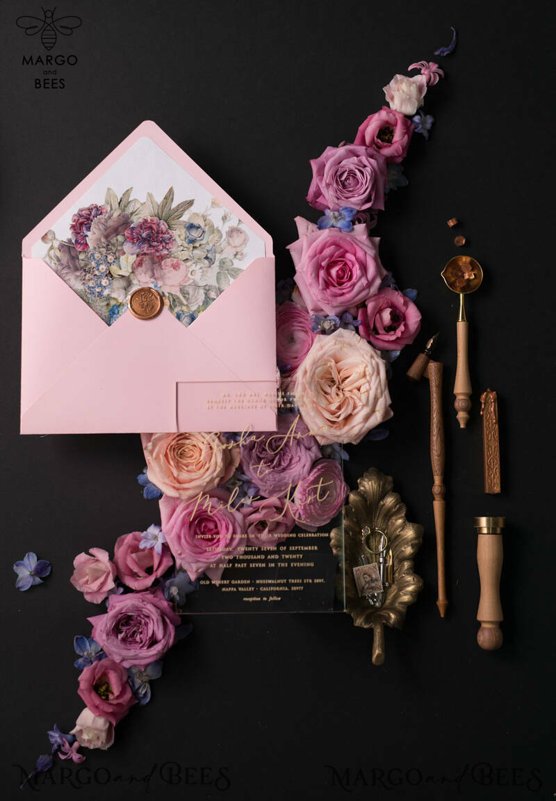 Vintage Floral Wedding Invitation Suite, Luxury Acrylic Plexi Wedding Invitations, Romantic Pink Wedding Cards, Glamour Golden Wedding Stationery-0