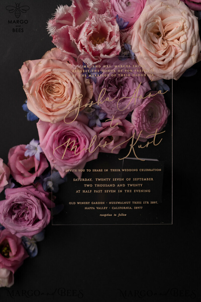 Elegance and Romance: Vintage Floral Wedding Invitation Suite with Luxury Acrylic Plexi and Glamourous Golden Accents-1