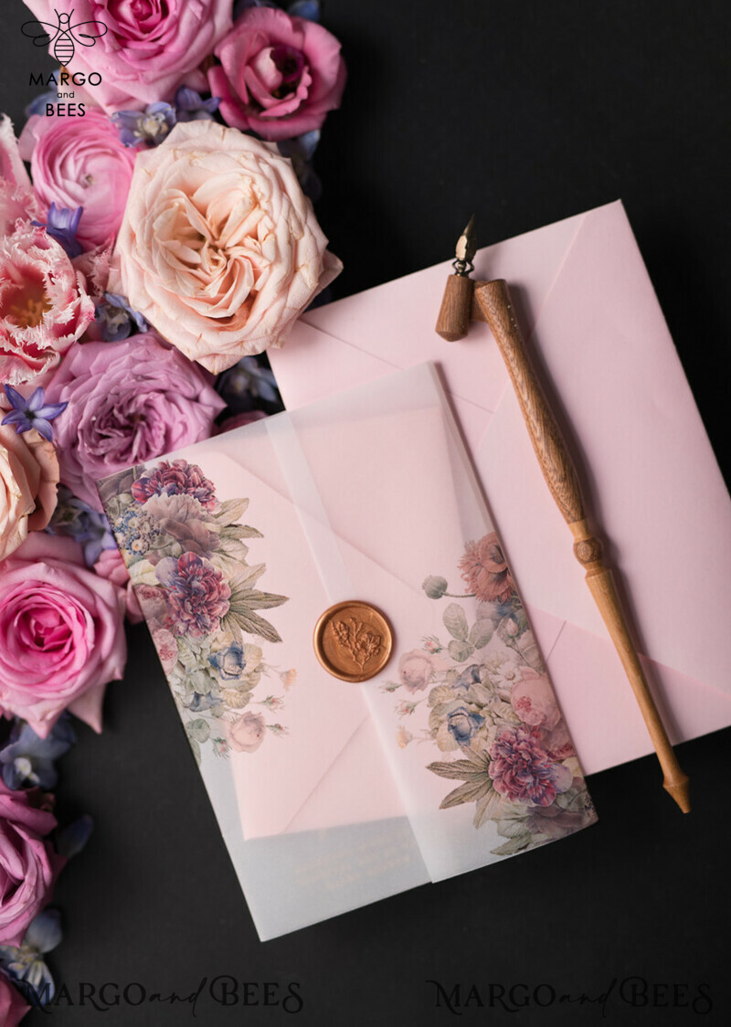Elegant Vintage Floral Wedding Invitation Suite with Luxury Acrylic Plexi and Romantic Pink Cards: Introducing our Glamour Golden Wedding Stationery-11