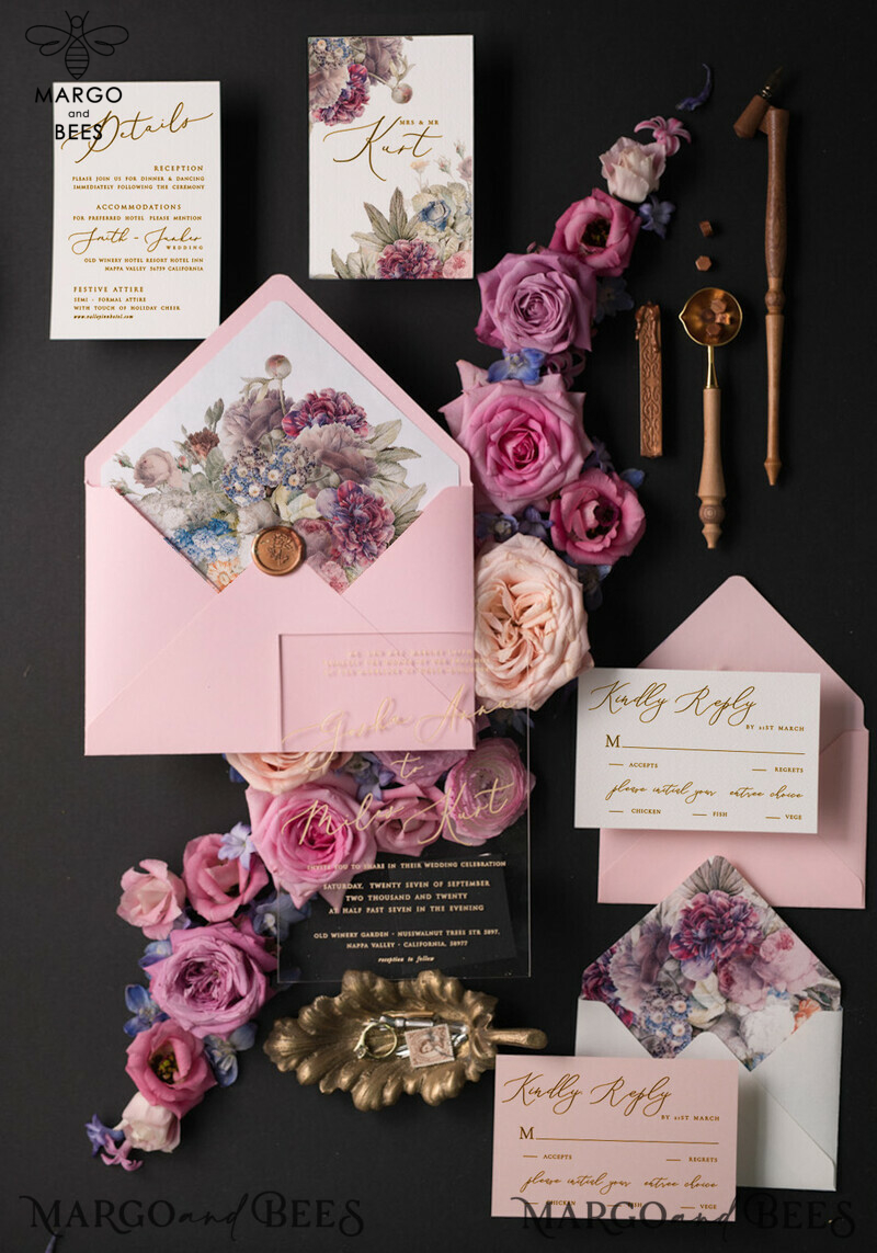 Elegance and Romance: Vintage Floral Wedding Invitation Suite with Luxury Acrylic Plexi and Glamourous Golden Accents-12