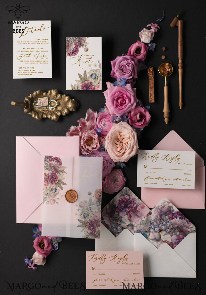 Elegant Vintage Floral Wedding Invitation Suite with Luxury Acrylic Plexi and Romantic Pink Cards: Introducing our Glamour Golden Wedding Stationery-13