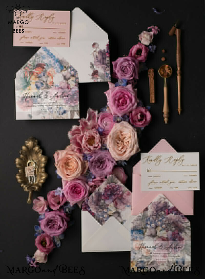 Elegant Vintage Floral Wedding Invitation Suite with Luxury Acrylic Plexi and Romantic Pink Cards - Glamour Golden Wedding Stationery-16