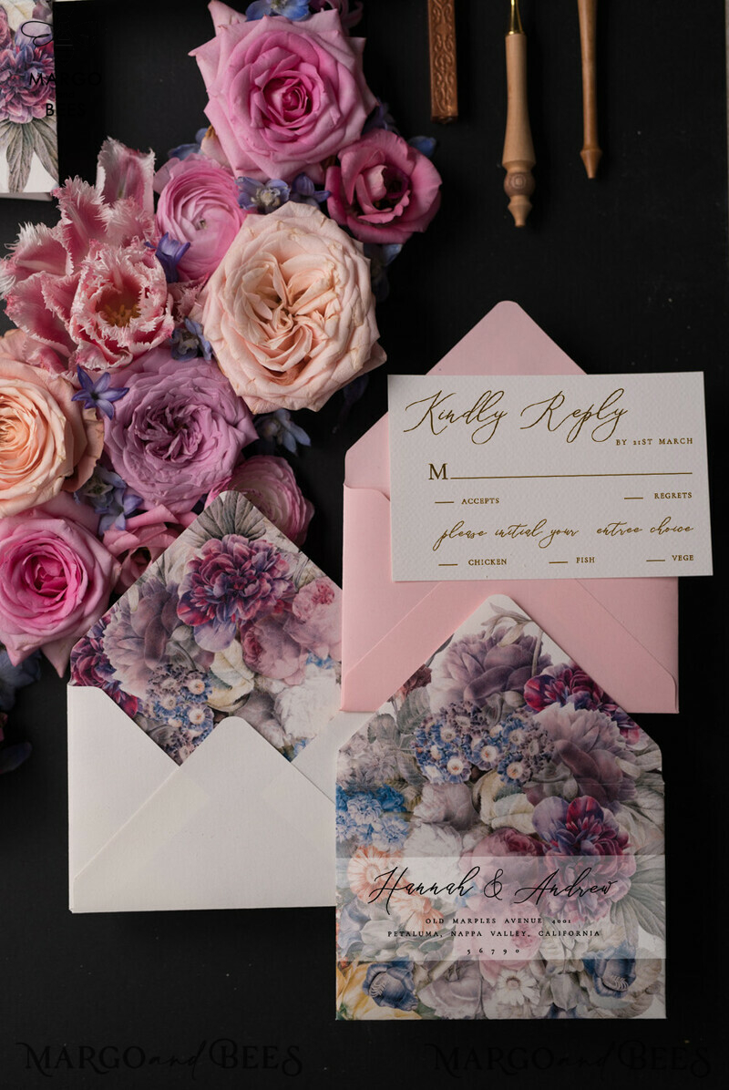 Elegant Vintage Floral Wedding Invitation Suite with Luxury Acrylic Plexi and Romantic Pink Cards: Introducing our Glamour Golden Wedding Stationery-8