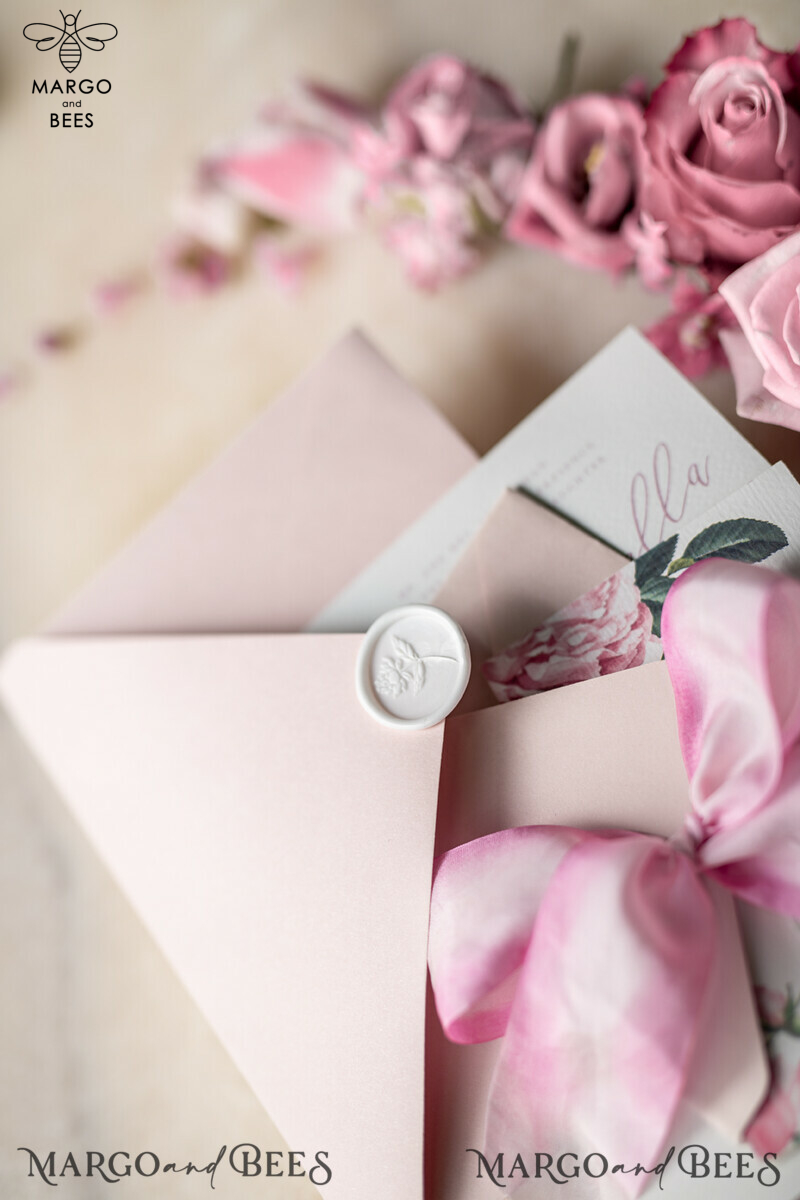 Bespoke Floral Vintage Wedding Invitations with Hand Dyed Ribbon: A Minimalistic White Wedding Invitation Suite with Handmade Pink Wedding Stationery-11