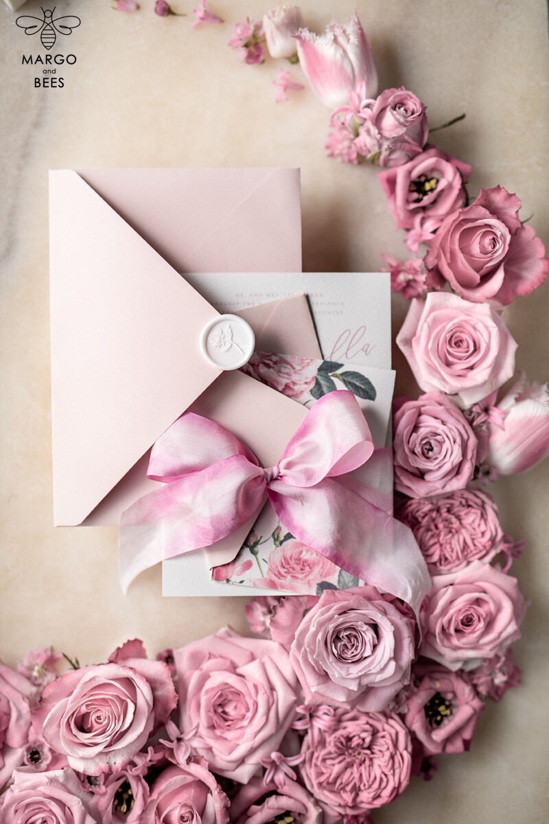 Floral Vintage Wedding Invitations With Hand Dyed Ribbon, Minimalistic White Wedding Invites, Handmade Wedding Invitation Suite, Bespoke Pink Wedding Stationery-12