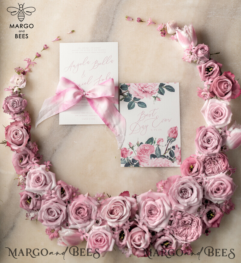 Floral Vintage Wedding Invitations With Hand Dyed Ribbon, Minimalistic White Wedding Invites, Handmade Wedding Invitation Suite, Bespoke Pink Wedding Stationery-17