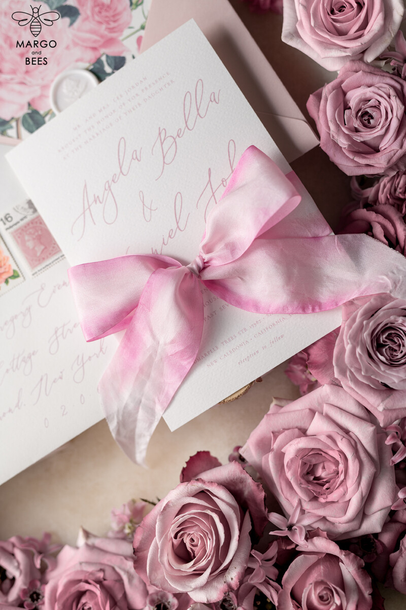Floral Vintage Wedding Invitations With Hand Dyed Ribbon, Minimalistic White Wedding Invites, Handmade Wedding Invitation Suite, Bespoke Pink Wedding Stationery-20
