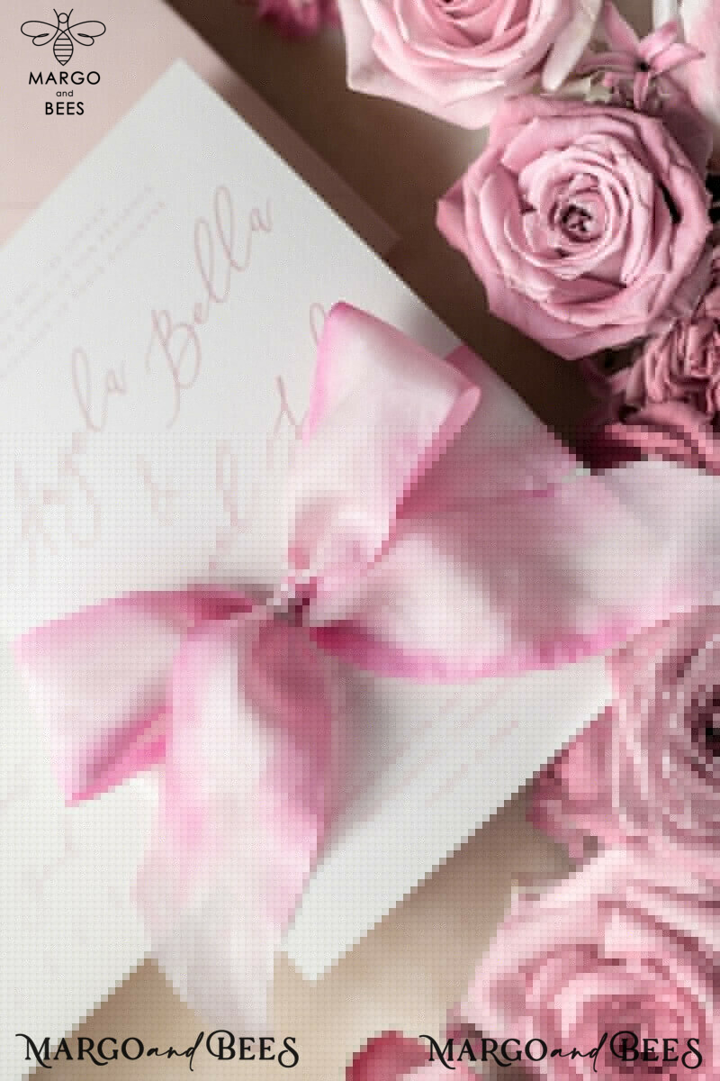 Floral Vintage Wedding Invitations With Hand Dyed Ribbon, Minimalistic White Wedding Invites, Handmade Wedding Invitation Suite, Bespoke Pink Wedding Stationery-22