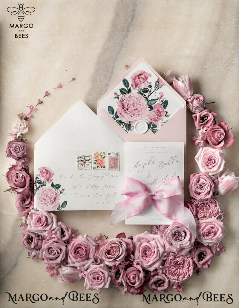 Romantic Personalized Wedding Invitations Vintage Roses Stationery  Handmade Silk Bow Blush Pink Envelope with Monogram Liner-23