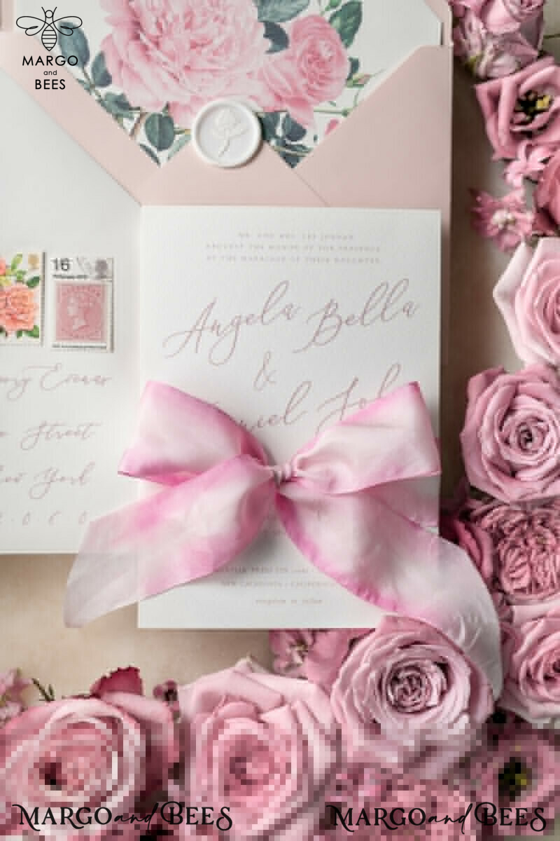 Floral Vintage Wedding Invitations With Hand Dyed Ribbon, Minimalistic White Wedding Invites, Handmade Wedding Invitation Suite, Bespoke Pink Wedding Stationery-24