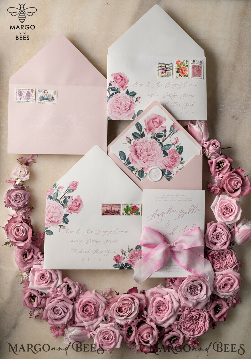 Floral Vintage Wedding Invitations With Hand Dyed Ribbon, Minimalistic White Wedding Invites, Handmade Wedding Invitation Suite, Bespoke Pink Wedding Stationery-25