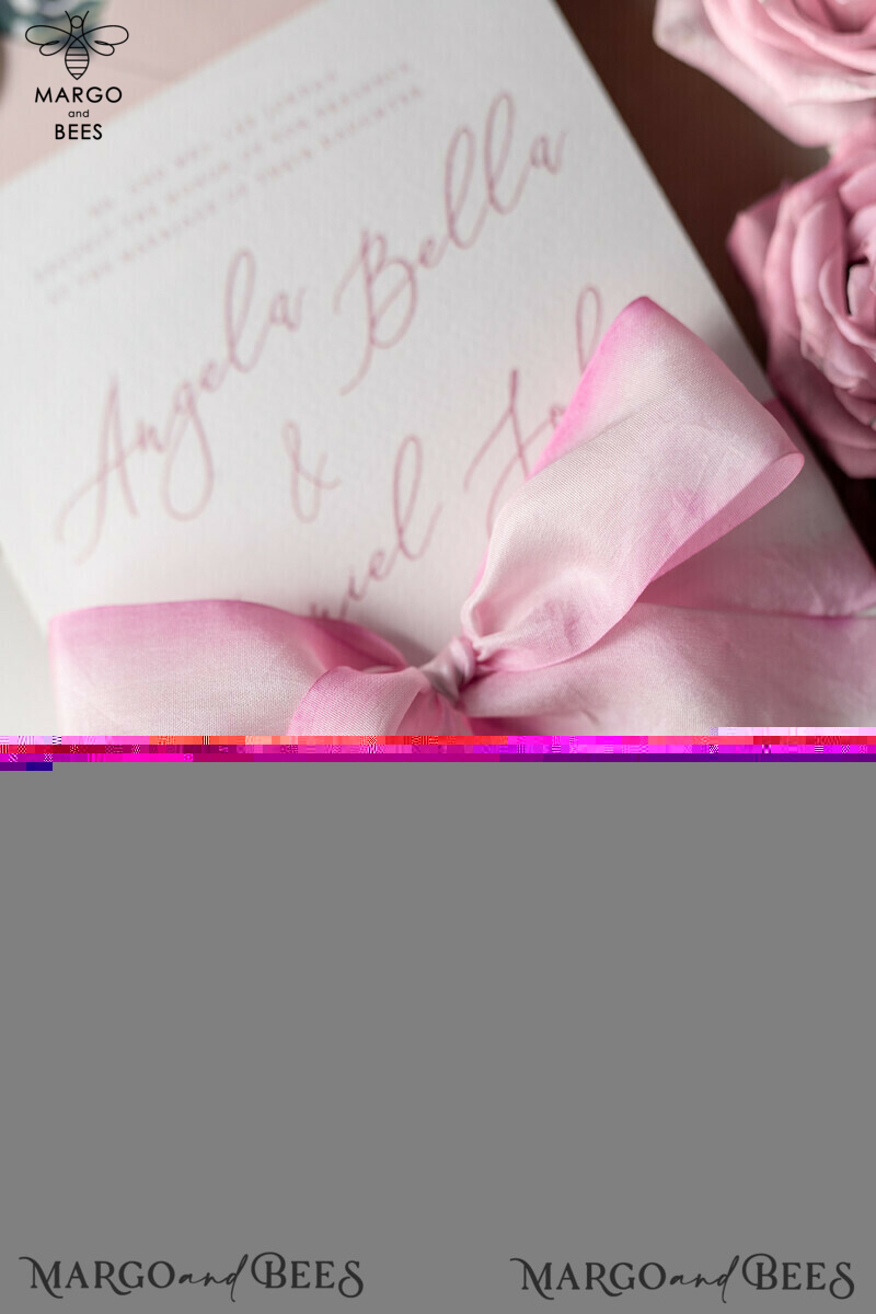 Floral Vintage Wedding Invitations With Hand Dyed Ribbon, Minimalistic White Wedding Invites, Handmade Wedding Invitation Suite, Bespoke Pink Wedding Stationery-26