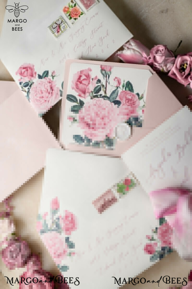 Floral Vintage Wedding Invitations With Hand Dyed Ribbon, Minimalistic White Wedding Invites, Handmade Wedding Invitation Suite, Bespoke Pink Wedding Stationery-27