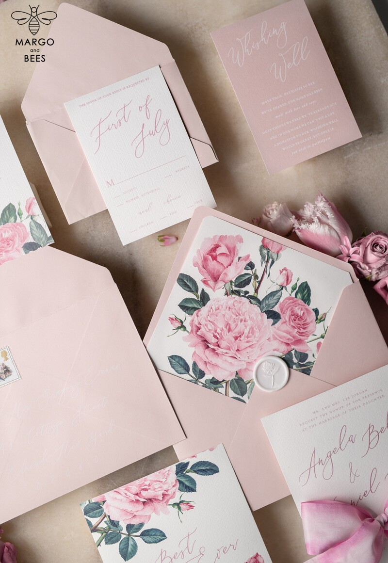 Romantic Personalized Wedding Invitations Vintage Roses Stationery  Handmade Silk Bow Blush Pink Envelope with Monogram Liner-28