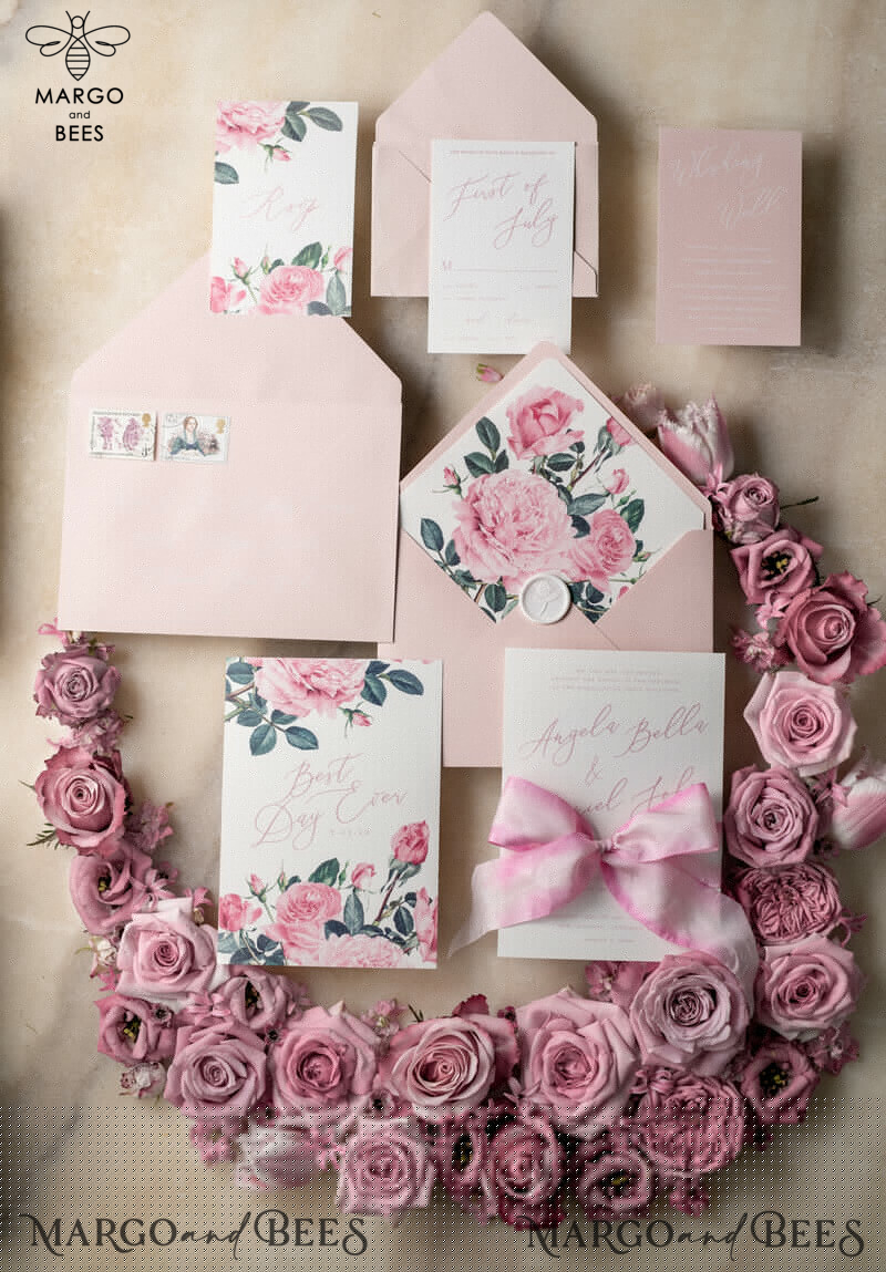 Floral Vintage Wedding Invitations With Hand Dyed Ribbon, Minimalistic White Wedding Invites, Handmade Wedding Invitation Suite, Bespoke Pink Wedding Stationery-30