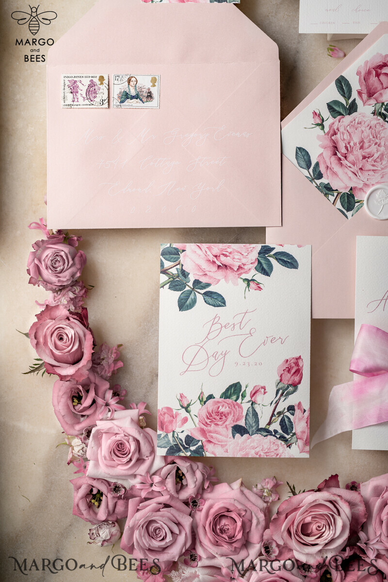 Floral Vintage Wedding Invitations With Hand Dyed Ribbon, Minimalistic White Wedding Invites, Handmade Wedding Invitation Suite, Bespoke Pink Wedding Stationery-31