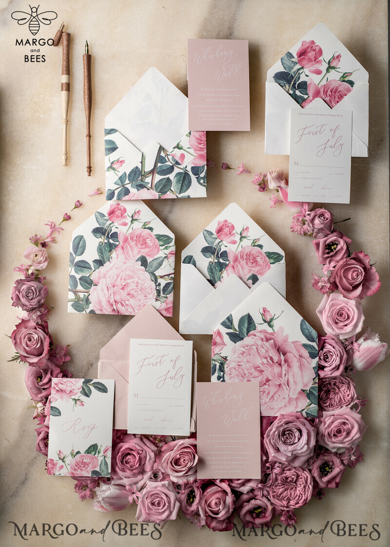 Bespoke Floral Vintage Wedding Invitations with Hand Dyed Ribbon: A Minimalistic White Wedding Invitation Suite with Handmade Pink Wedding Stationery-33