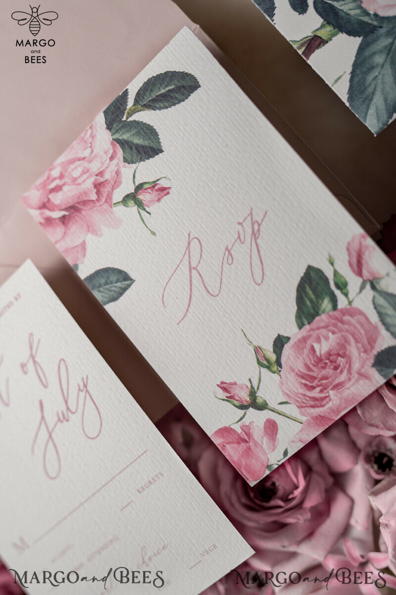 Bespoke Floral Vintage Wedding Invitations with Hand Dyed Ribbon: A Minimalistic White Wedding Invitation Suite with Handmade Pink Wedding Stationery-5