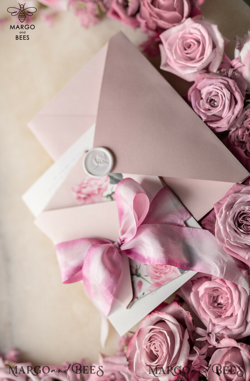 Floral Vintage Wedding Invitations With Hand Dyed Ribbon, Minimalistic White Wedding Invites, Handmade Wedding Invitation Suite, Bespoke Pink Wedding Stationery-6
