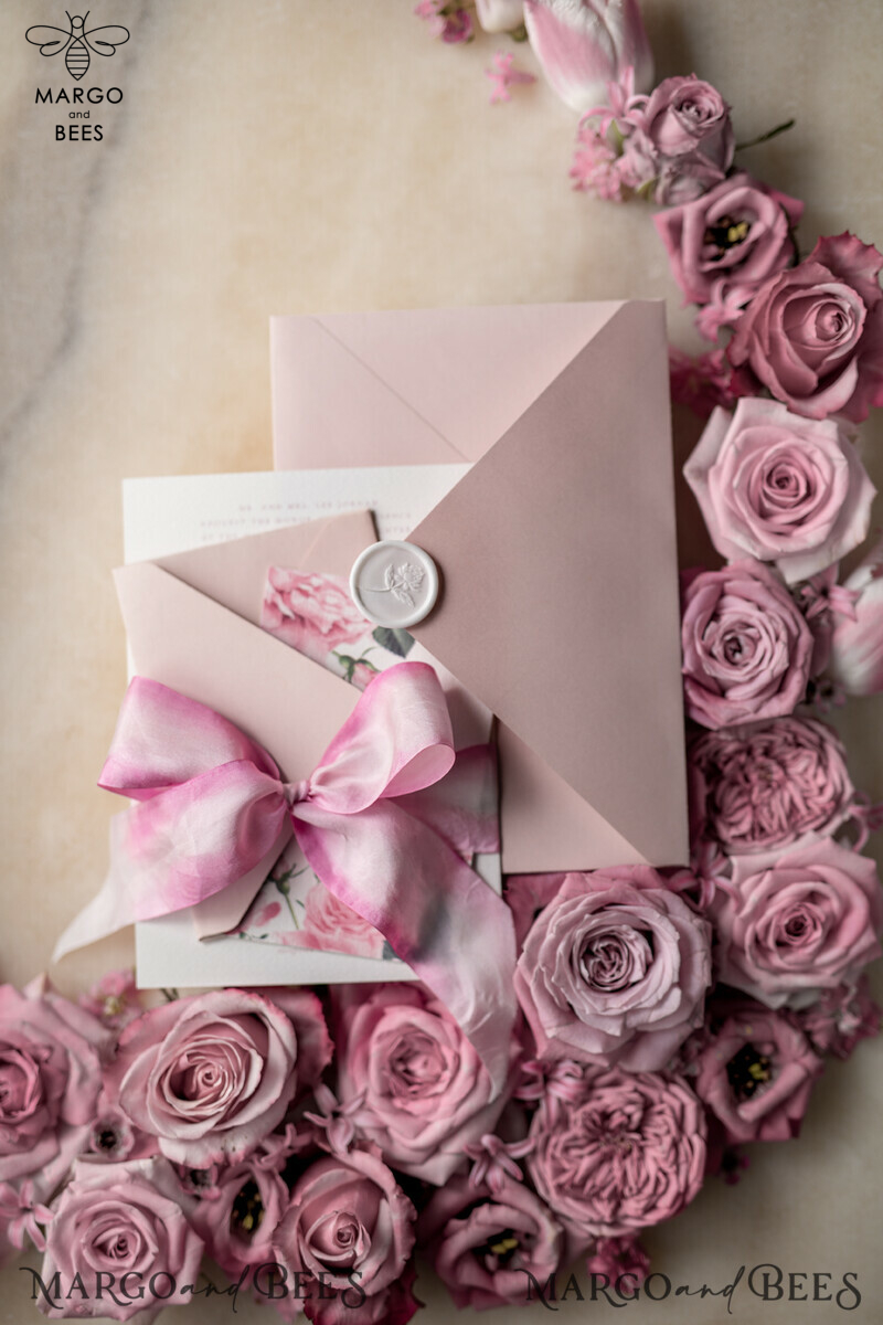 Floral Vintage Wedding Invitations With Hand Dyed Ribbon, Minimalistic White Wedding Invites, Handmade Wedding Invitation Suite, Bespoke Pink Wedding Stationery-8