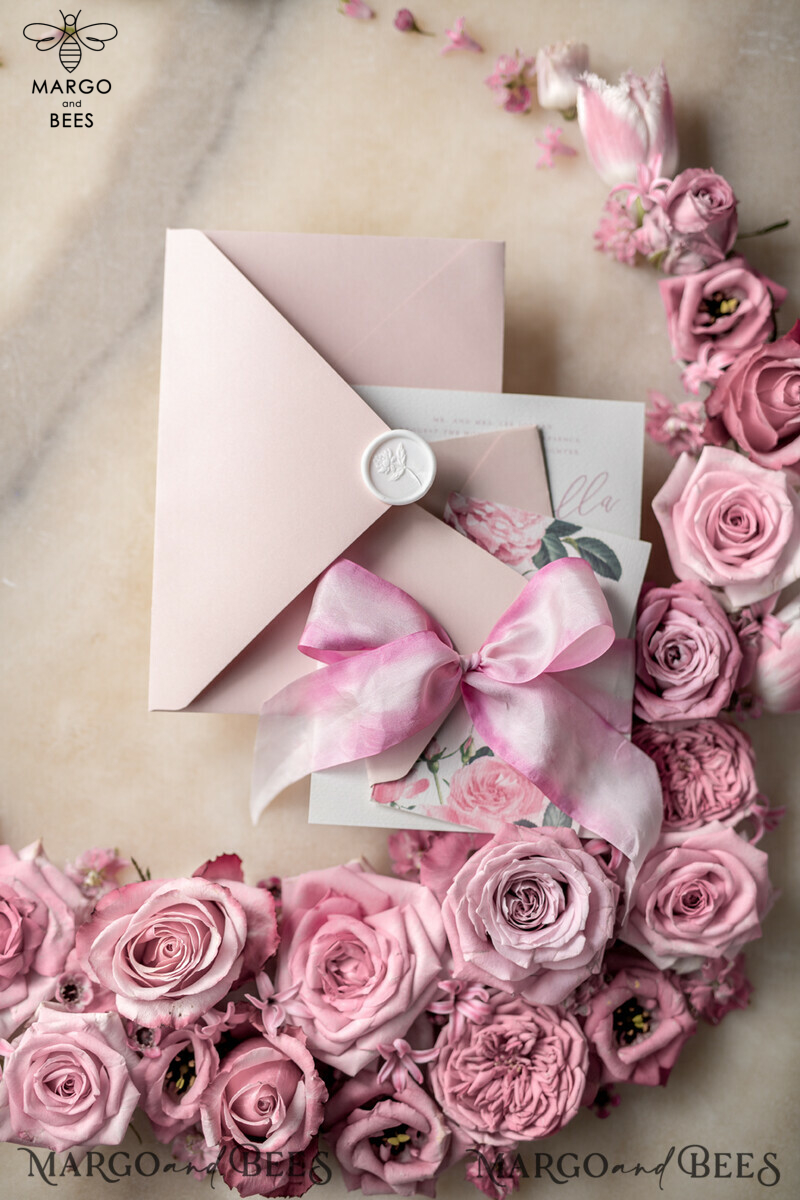 Floral Vintage Wedding Invitations With Hand Dyed Ribbon, Minimalistic White Wedding Invites, Handmade Wedding Invitation Suite, Bespoke Pink Wedding Stationery-9