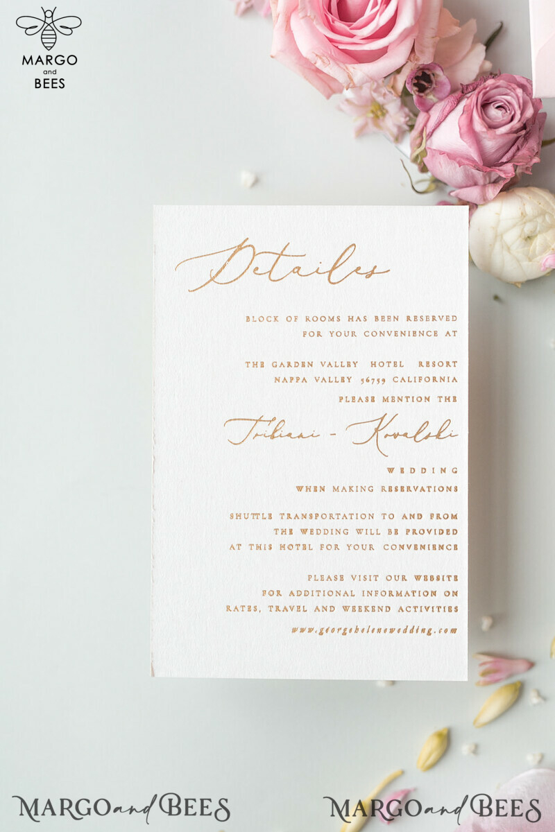 Elegant Personalized Wedding Invitations Romantic Stationery with Vintage Garden Roses and  Handmade Silk Bow Gold Foil Letters  Blush Pink Envelope -13