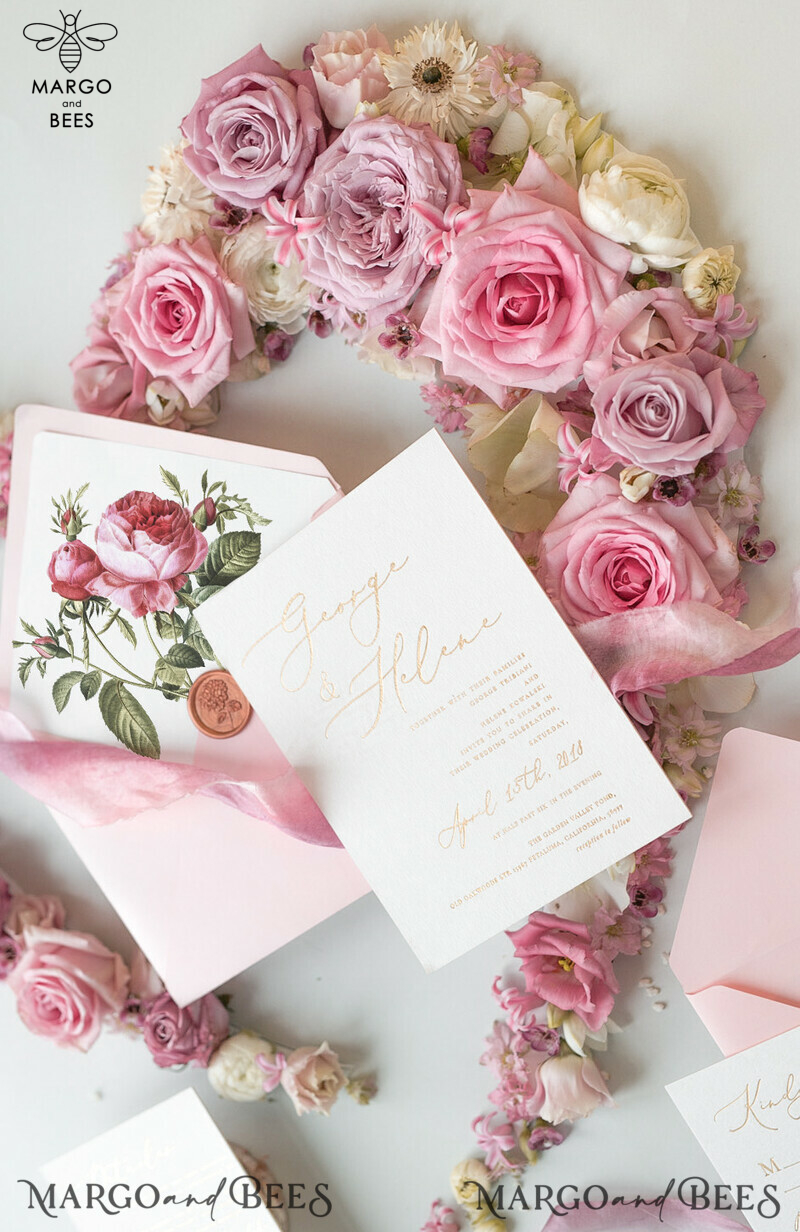 Elegant Personalized Wedding Invitations Romantic Stationery with Vintage Garden Roses and  Handmade Silk Bow Gold Foil Letters  Blush Pink Envelope -17
