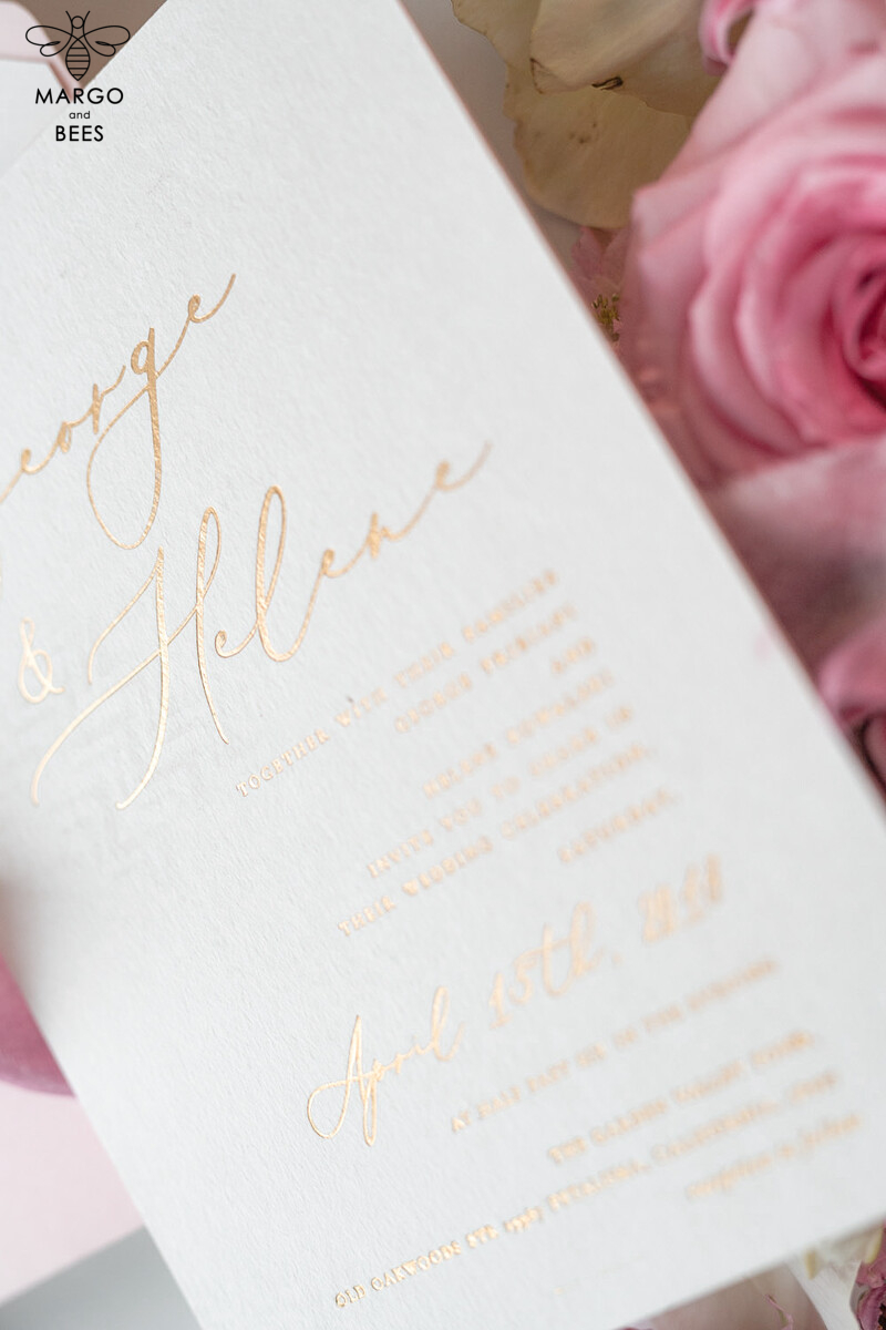 Elegant Personalized Wedding Invitations Romantic Stationery with Vintage Garden Roses and  Handmade Silk Bow Gold Foil Letters  Blush Pink Envelope -18