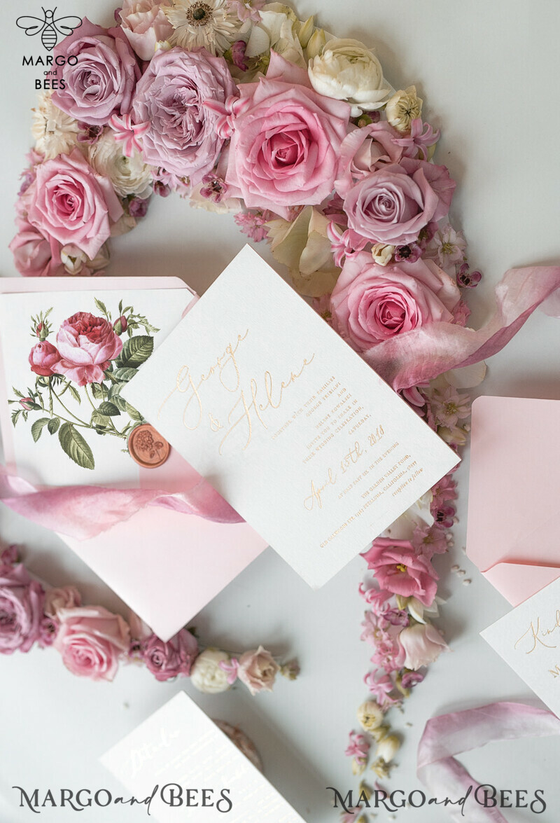 Elegant Personalized Wedding Invitations Romantic Stationery with Vintage Garden Roses and  Handmade Silk Bow Gold Foil Letters  Blush Pink Envelope -20