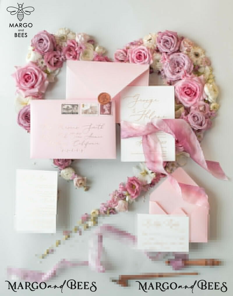 Elegant Personalized Wedding Invitations Romantic Stationery with Vintage Garden Roses and  Handmade Silk Bow Gold Foil Letters  Blush Pink Envelope -22