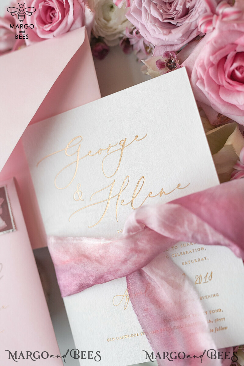 Elegant Personalized Wedding Invitations Romantic Stationery with Vintage Garden Roses and  Handmade Silk Bow Gold Foil Letters  Blush Pink Envelope -23