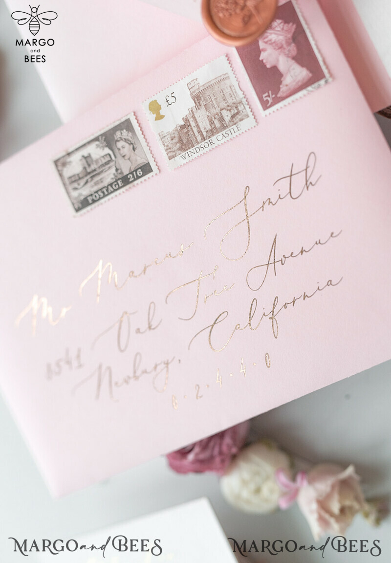 Elegant Personalized Wedding Invitations Romantic Stationery with Vintage Garden Roses and  Handmade Silk Bow Gold Foil Letters  Blush Pink Envelope -25