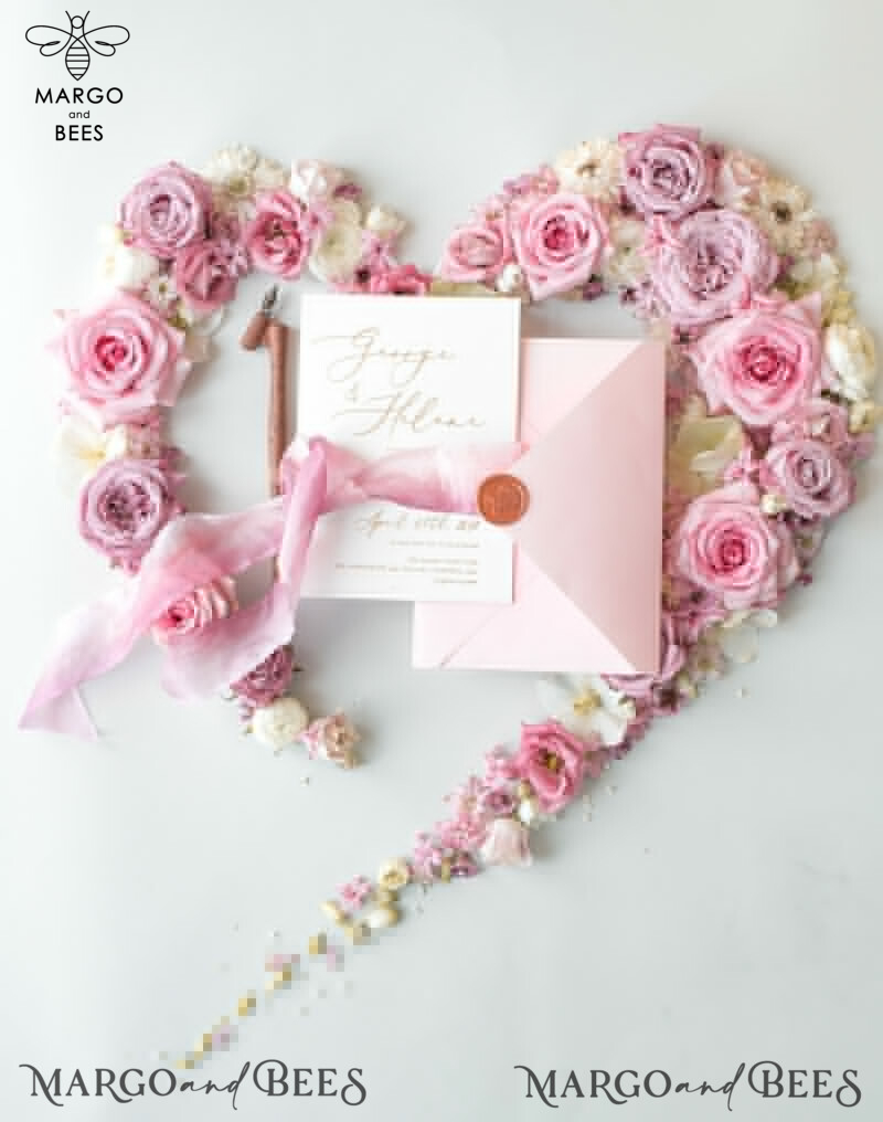 Elegant Personalized Wedding Invitations Romantic Stationery with Vintage Garden Roses and  Handmade Silk Bow Gold Foil Letters  Blush Pink Envelope -27